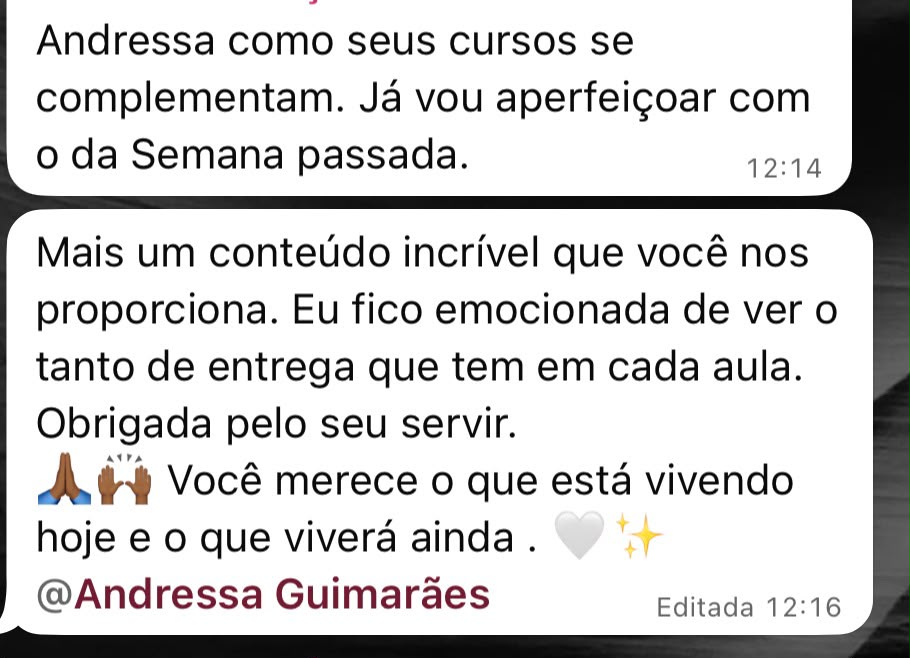 Depoimento de aluna sobre como os cursos da Andressa se complementam