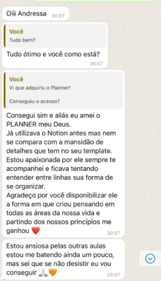 Depoimento de aluna elogiando o Planner Rotina Focada e sua organização detalhada