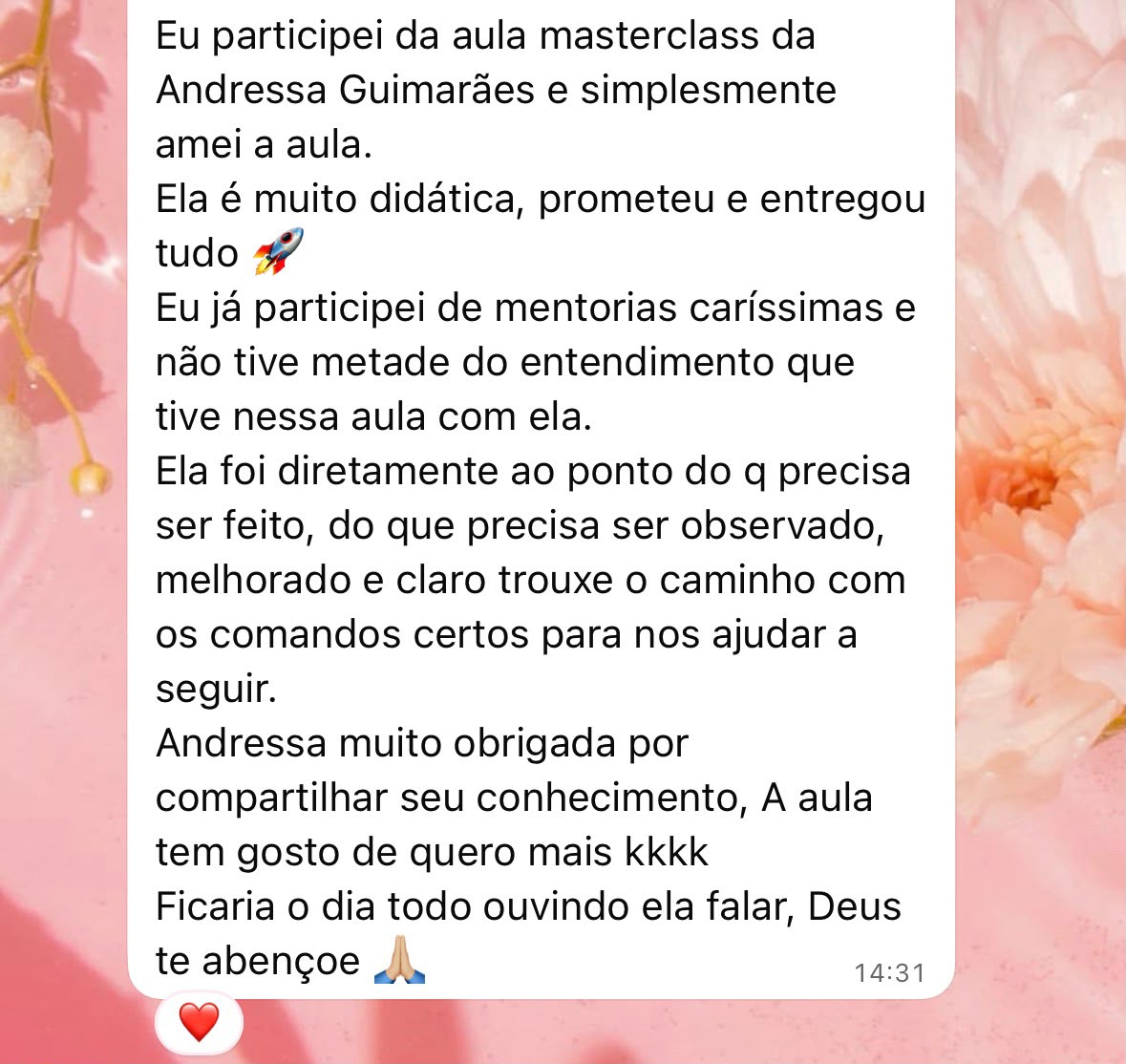 Depoimento de aluna elogiando a didática e a clareza da masterclass